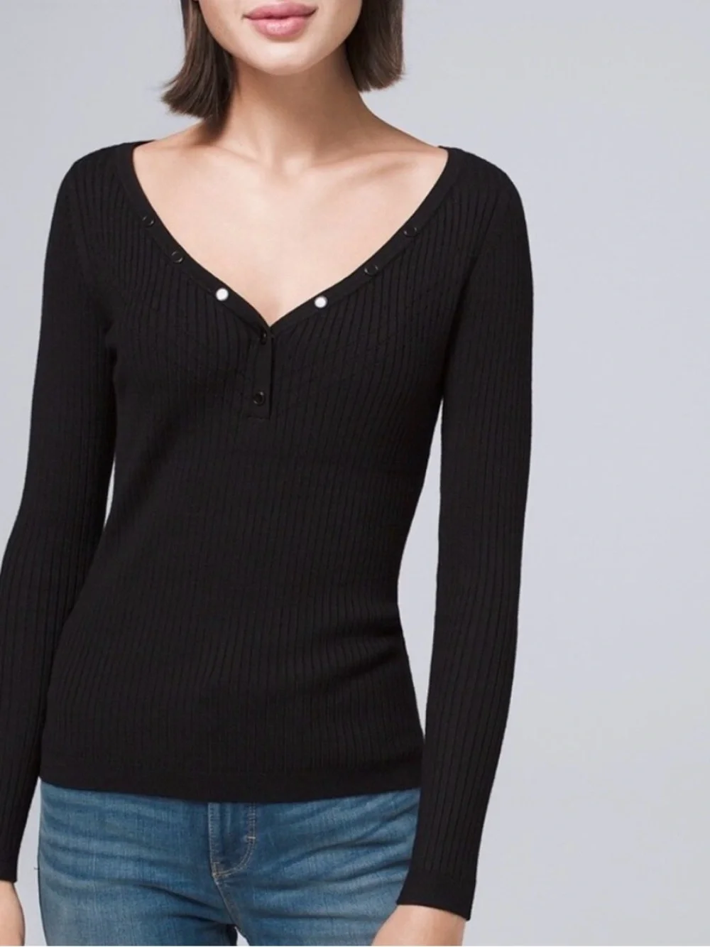 White House Black Market WHBM Black Ribbed Snap-Front Henley Sweater sz S